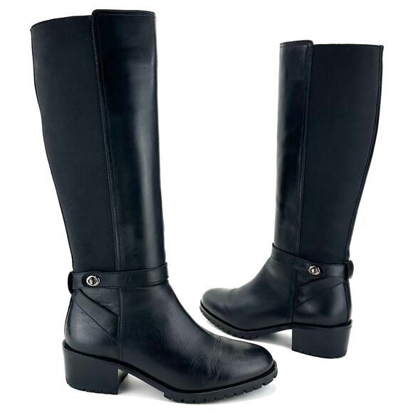 Coach Portia Black Riding Boot Size 8.5B Leather Stretchy Shaft Knee-High Heeled - Picture 1 of 15